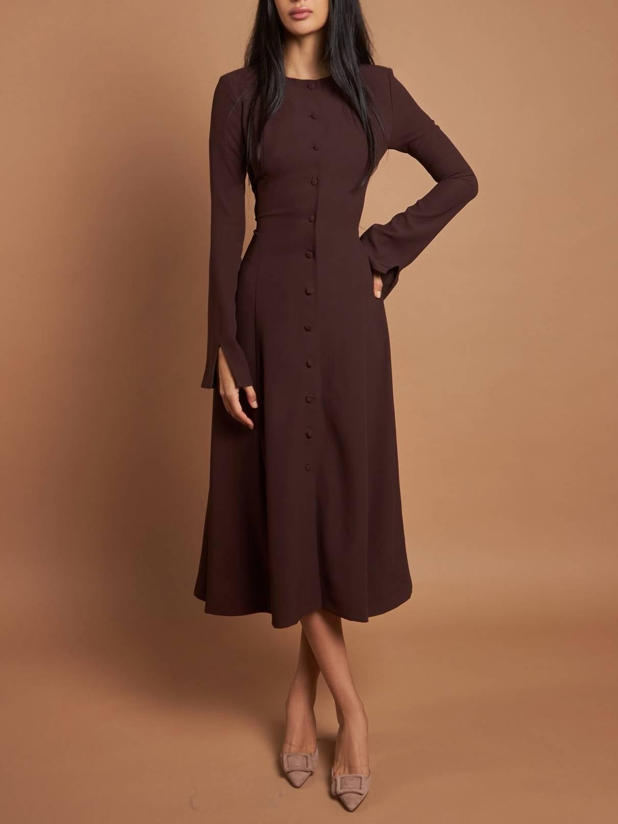 Aurohaya Slim-Fit High-Waist Lace-Up A- Line Midi Dress Brown