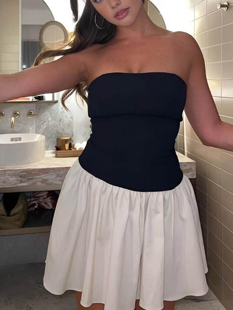 Aurohaya Modern Patchwork Bustier Backless Mini Dress