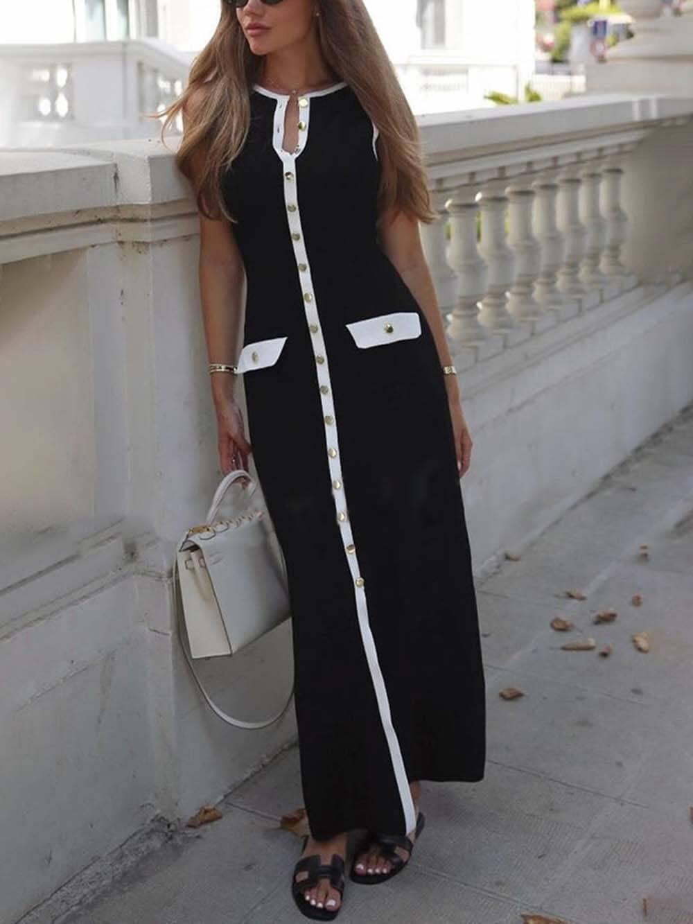 Aurohaya Elegant Crew Neck Buttoned Sleeveless Knit Midi Dress