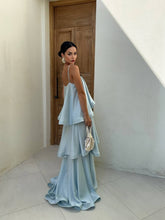 Aurohaya Elegant Three-layer Ruffle Sling Maxi Dress Blue