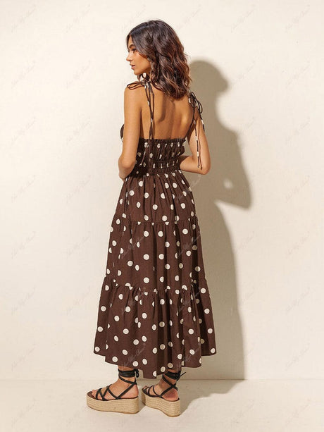 Aurohaya Chocolate And Ivory Polka Dot Print Pleated Elastic Strap Dress