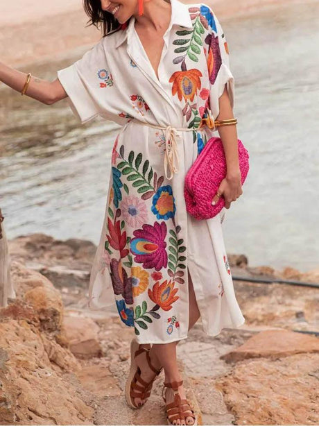 Aurohaya Casual Positioning Print Loose Resort Shirt Midi Dress