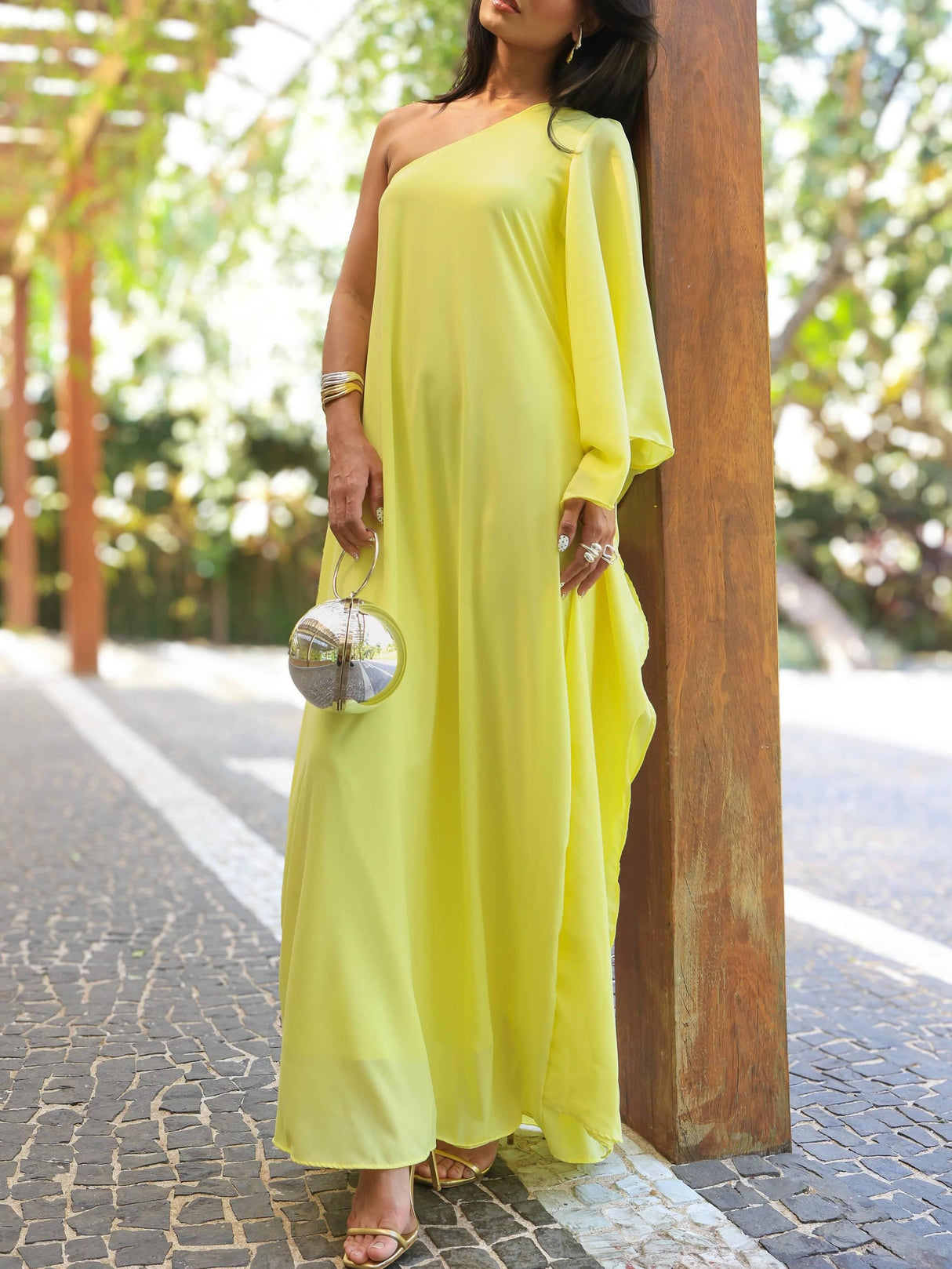 Aurohaya Single-sleeve Design Slant Collar A- Line Maxi Dress
