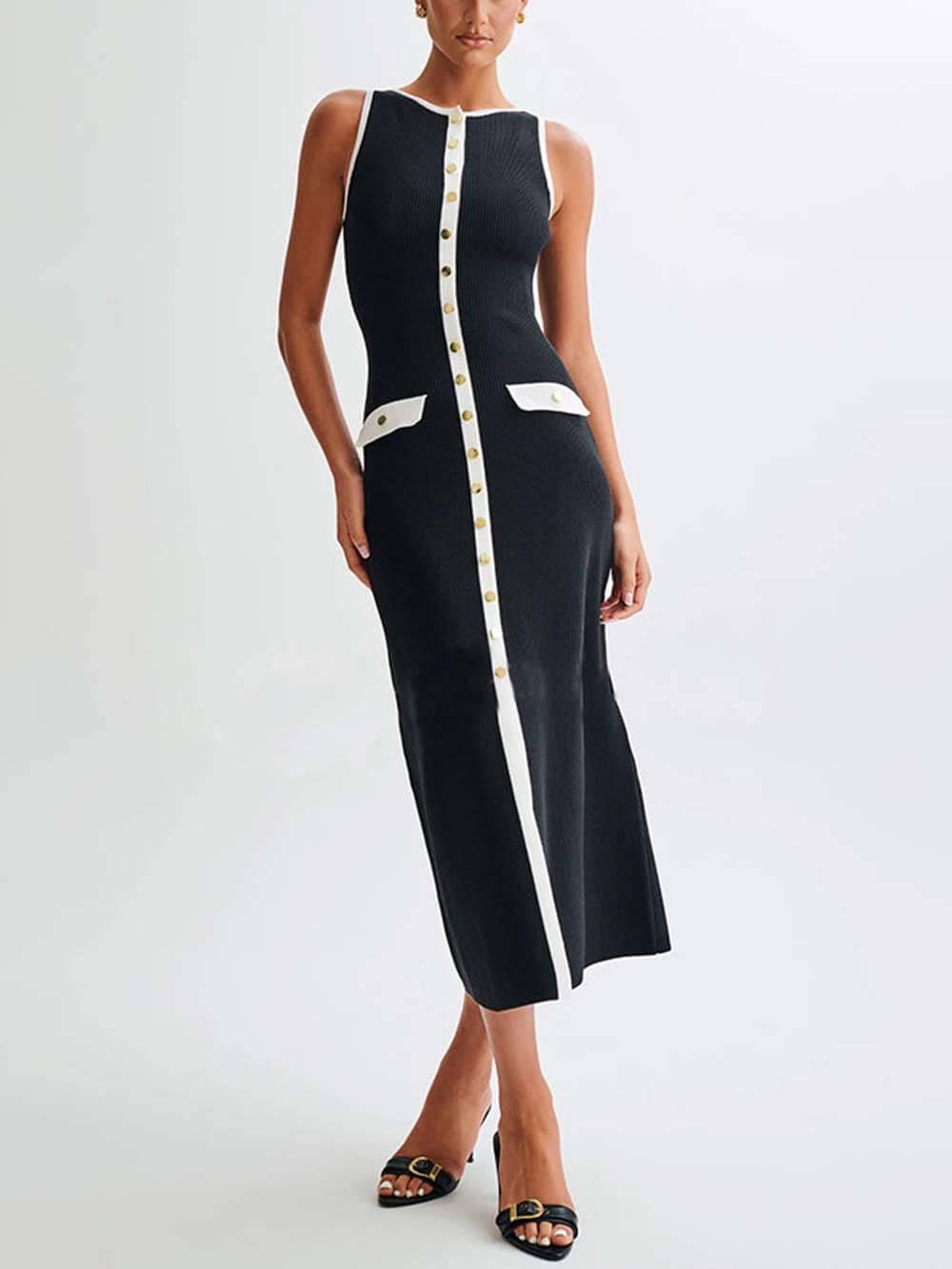 Aurohaya Elegant Crew Neck Buttoned Sleeveless Knit Midi Dress