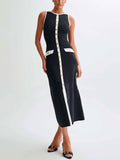 Aurohaya Elegant Crew Neck Buttoned Sleeveless Knit Midi Dress