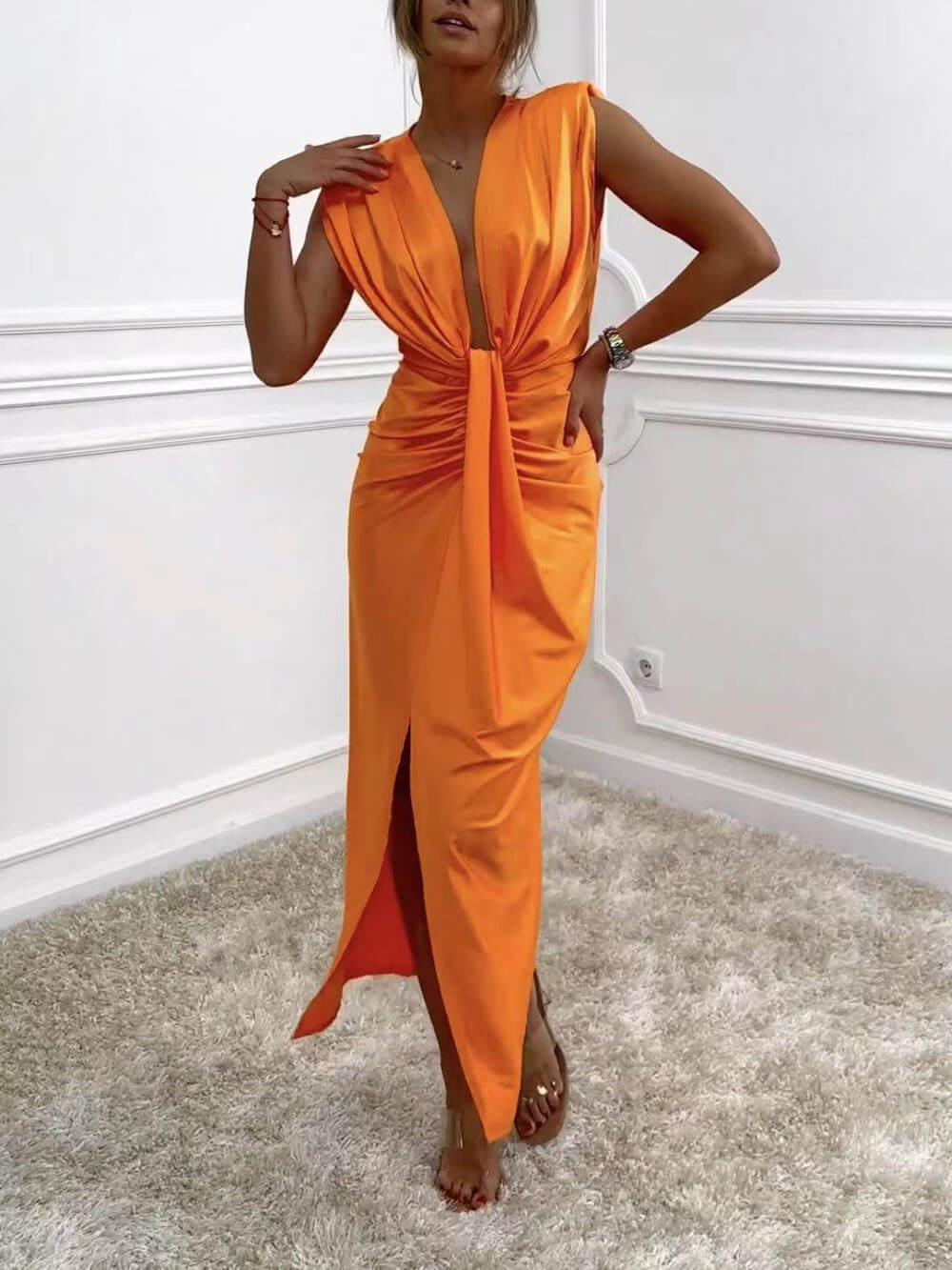 Aurohaya Classic V-Neck Ruched Drape Slit Midi Dress Orange