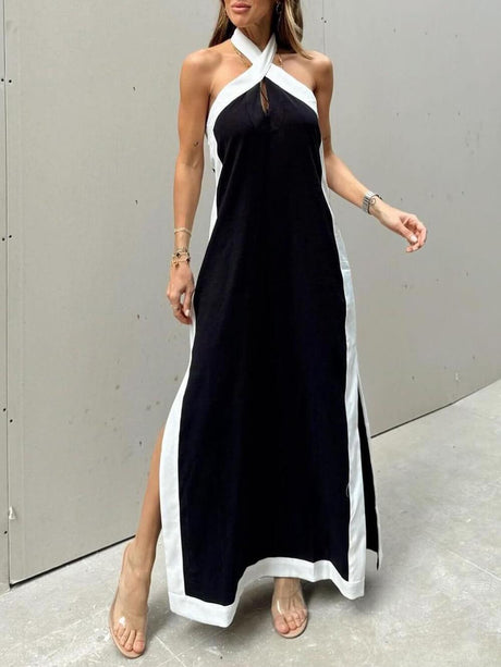 Aurohaya Color Block Halter Neck Slit Maxi Dress Black