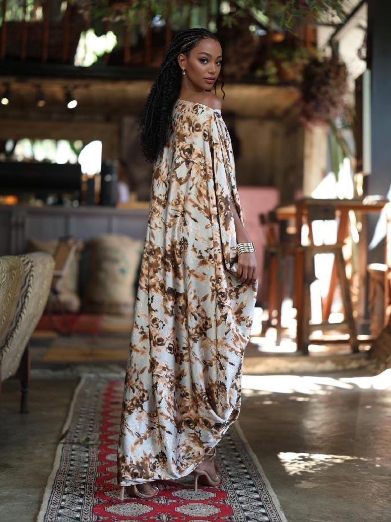 Aurohaya Elegant One-Shoulder Floral Draped Ruched Maxi Dress