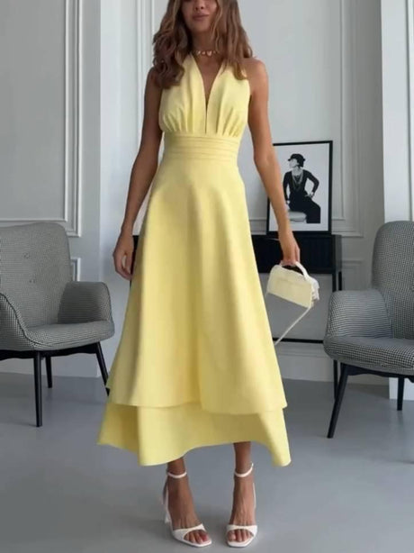Aurohaya Deep V Halter Neck Double-layer Midi Dress Yellow