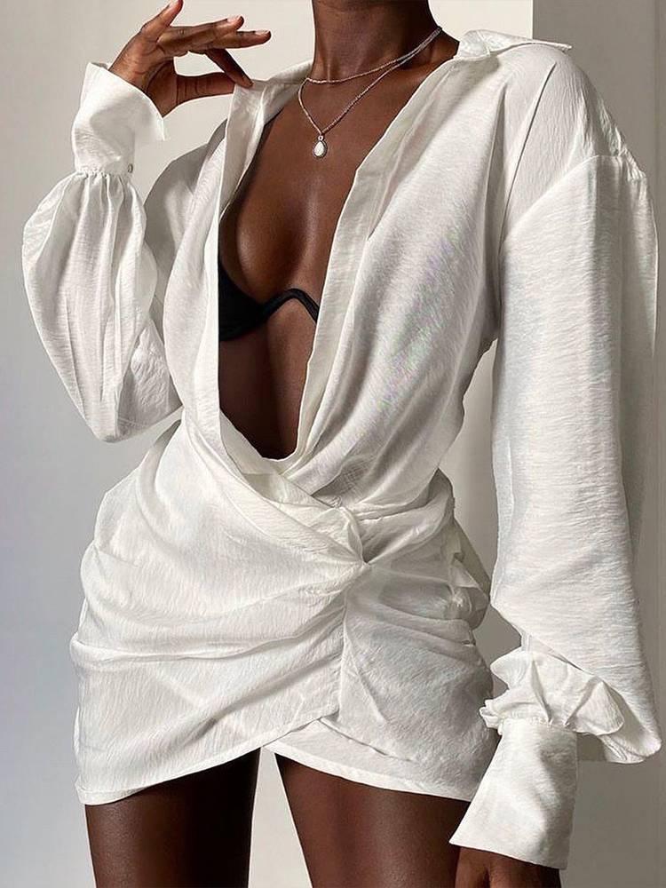 Aurohaya Deep V Hip-hugging Shirt Dress White