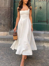 Aurohaya Elegant Sling Square Collar Large Swing MidI Dress White