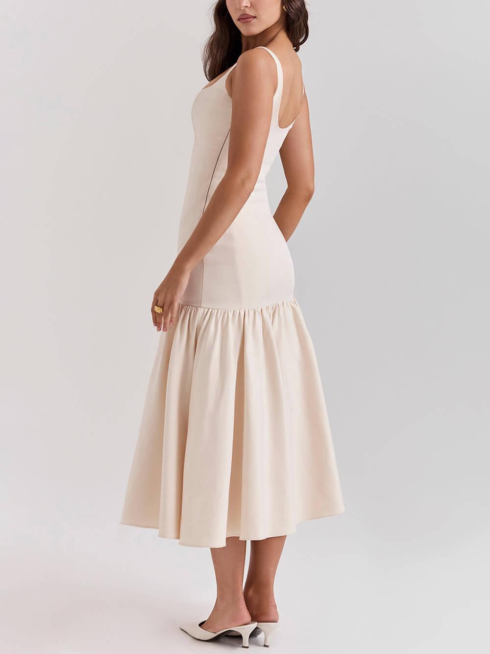 Aurohaya Graceful Square Neck Wide Strap Drop Waist Midi Dress