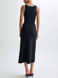 Aurohaya Elegant Crew Neck Buttoned Sleeveless Knit Midi Dress