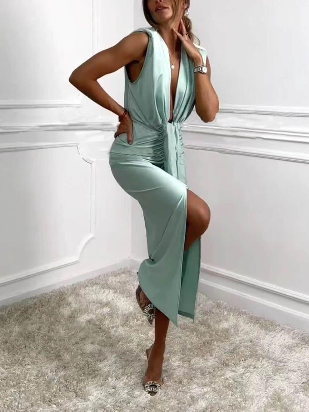 Aurohaya Classic V-Neck Ruched Drape Slit Midi Dress