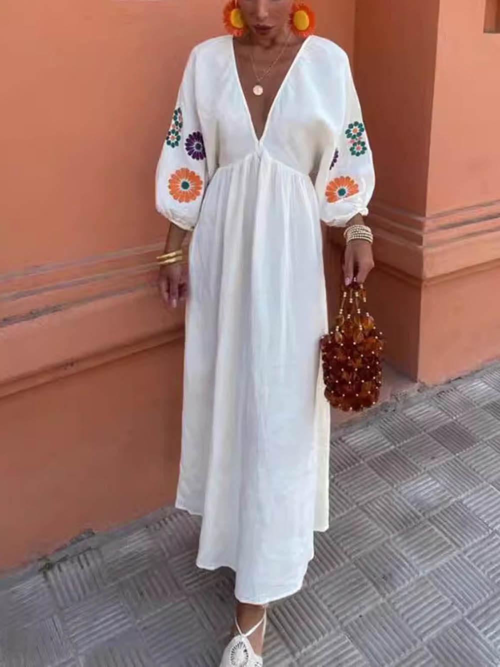 Aurohaya Floral Print V-Neck Lantern Sleeves Backless Maxi Dress