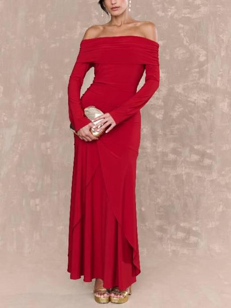 Aurohaya Off-shoulder Irregular Hem Maxi Dress Red