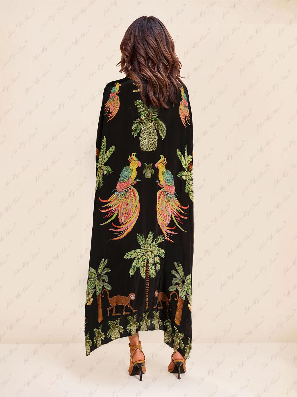 Aurohaya Unique Drop Shoulder Sleeve Coconut Tree Printed Dress