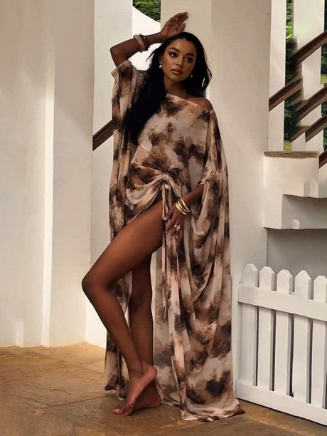 Aurohaya Elegant One-shoulder Tie-dye Floral Print Draped Maxi Dress