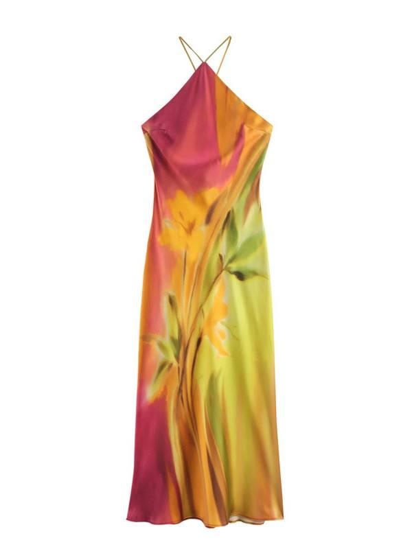 Aurohaya Satin Printed Backless Dress Printed