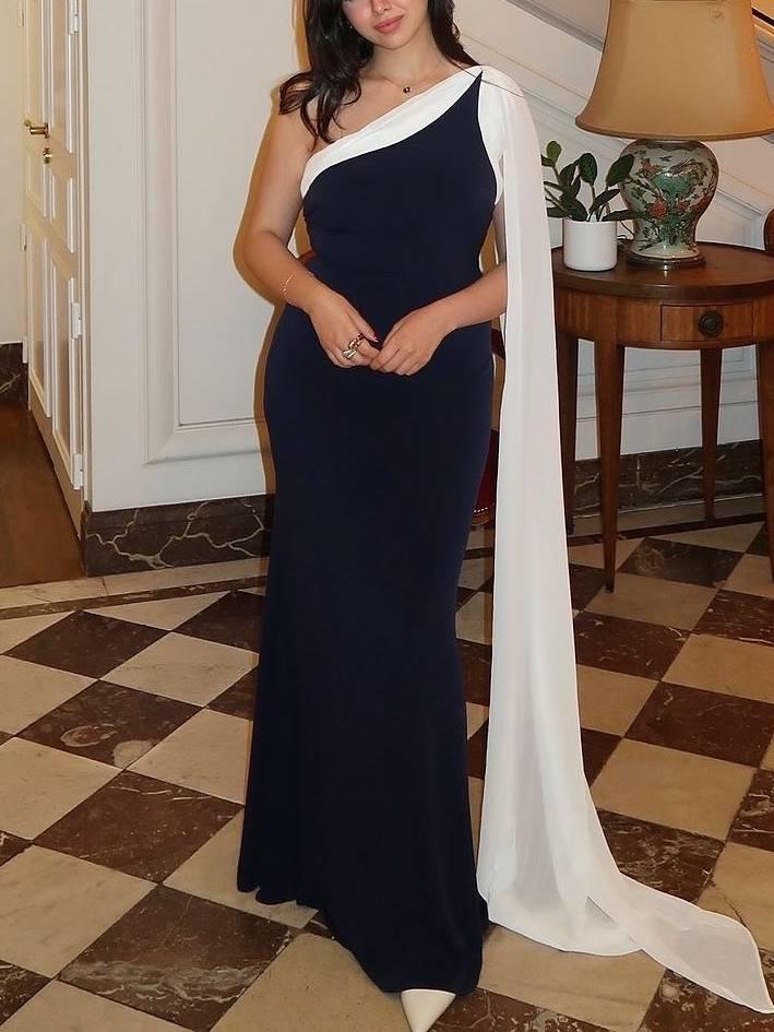 Aurohaya Contrast Color Oblique Shoulder Ribbon Dress