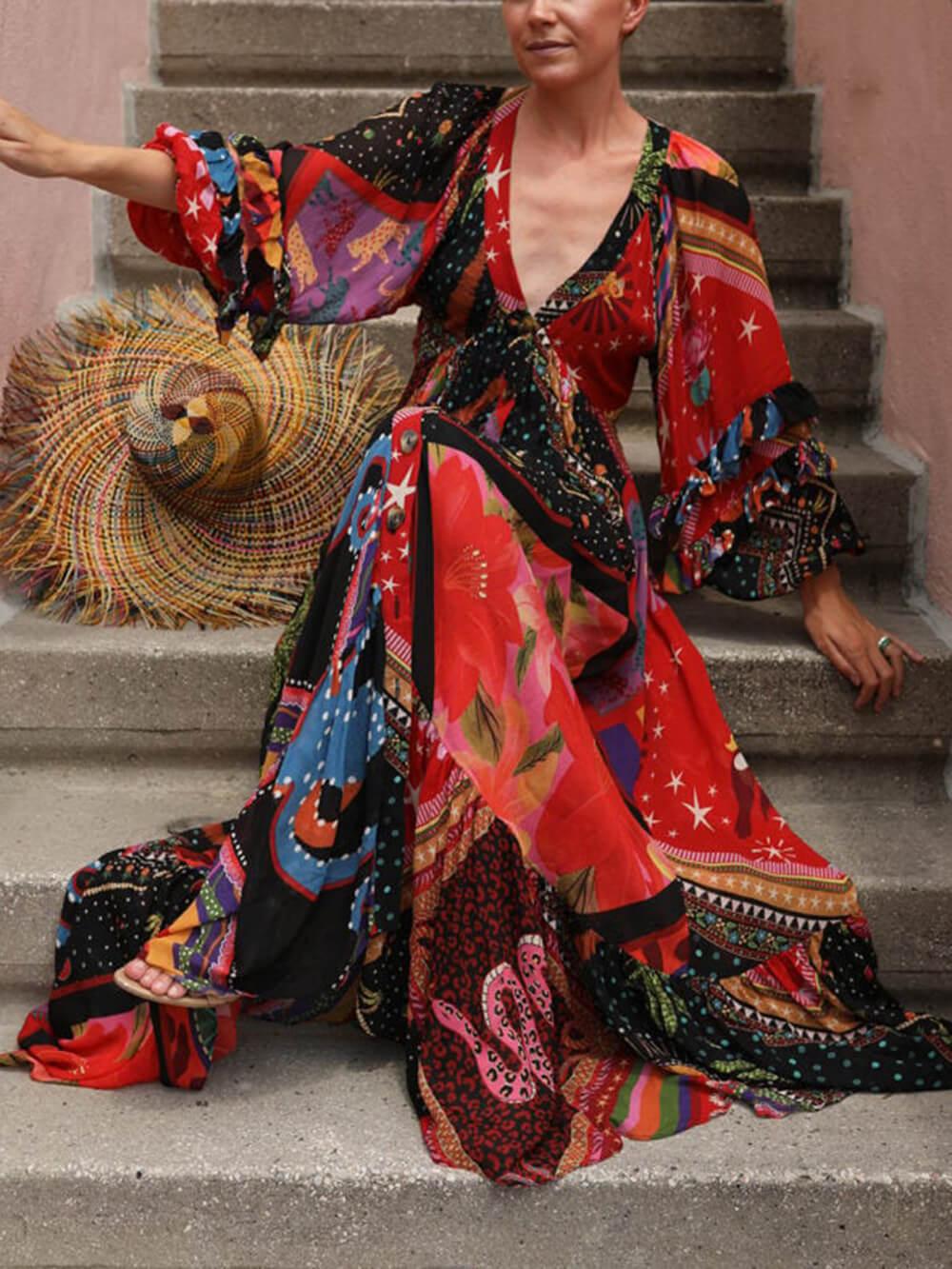 Aurohaya Bohemian Floral Print Patchwork Buckle Flounce V Neck Maxi Dress