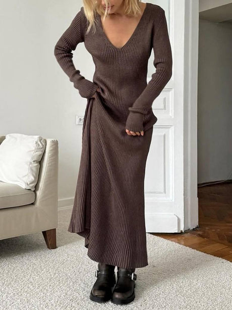 Aurohaya Minimalist Long Sleeve Knitted Maxi Dress Coffee