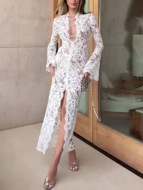 Aurohaya V-Neck Tie-strap Lace Dress White