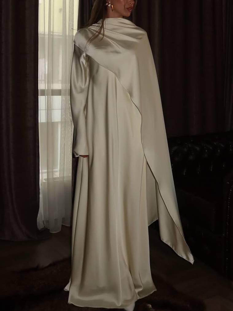 Aurohaya Slanted Hem Scraf Design Maxi Dress Apricot