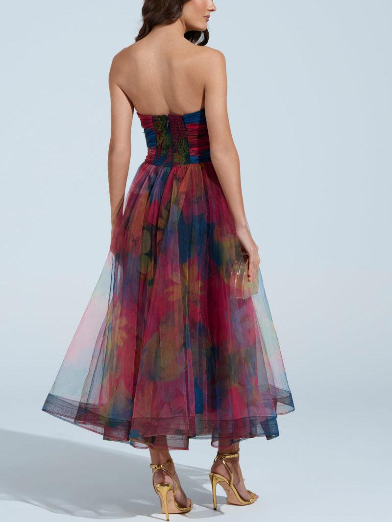 Aurohaya Elegant Fantasy Tulle Floral Print Midi Dress