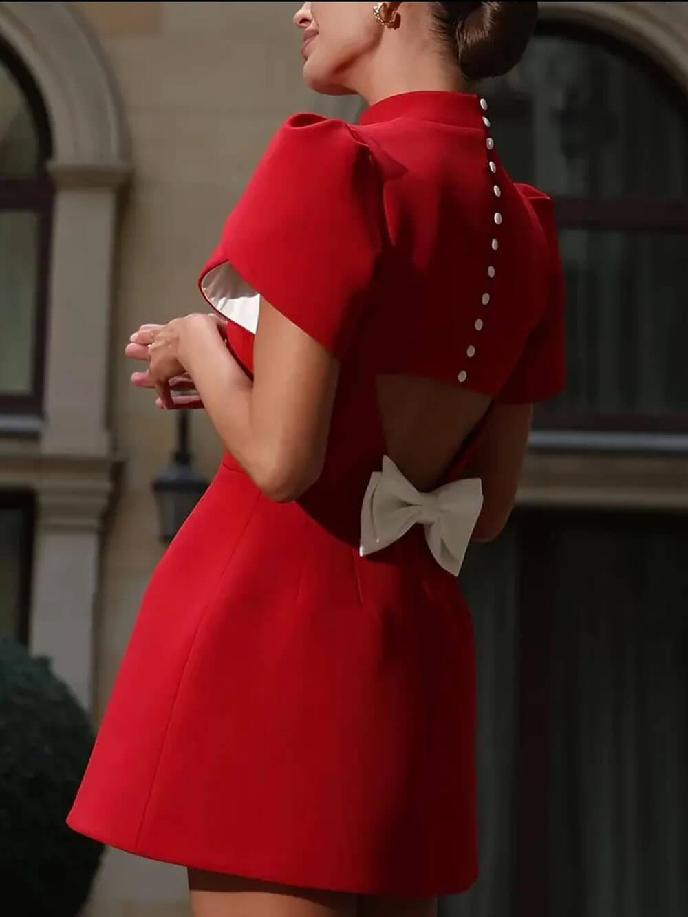 Aurohaya Elegant Sweet Moment Slit Short Sleeve Backless Bow Mini Dress