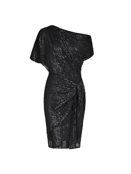 Aurohaya Elegant Sequined Asymmetrical Off-the-shoulder Mini Dress