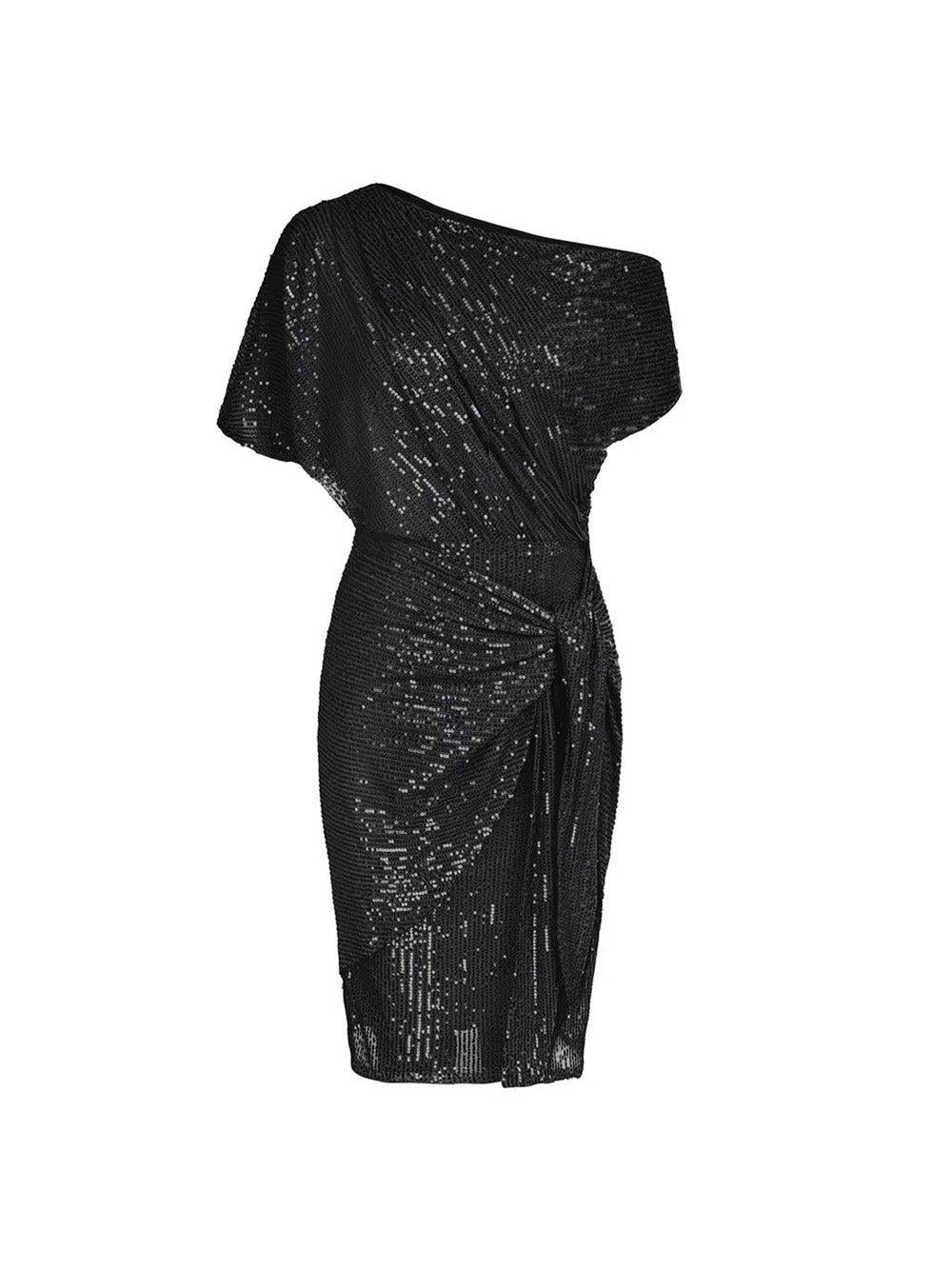 Aurohaya Elegant Sequined Asymmetrical Off-the-shoulder Mini Dress
