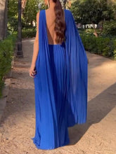 Aurohaya Elegant Open Back Ribbon Pleated Party Maxi Dress Blue