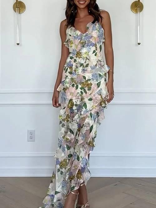 Aurohaya Suspender Printed Ruffle Dress Printed