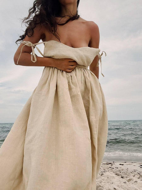 Aurohaya Elegant Sexy Strap Backless Dress Apricot