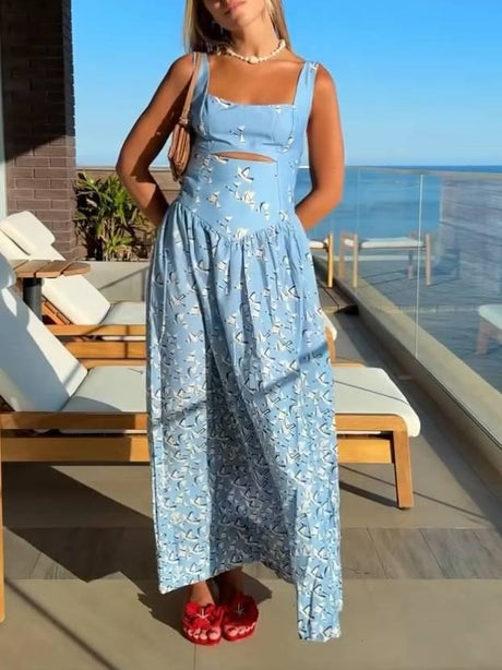 Aurohaya Hollow Design Printed Sling Dress Blue