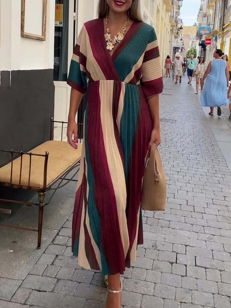 Aurohaya Elegant Irregular Stripe Print Pleated Maxi Dress Red