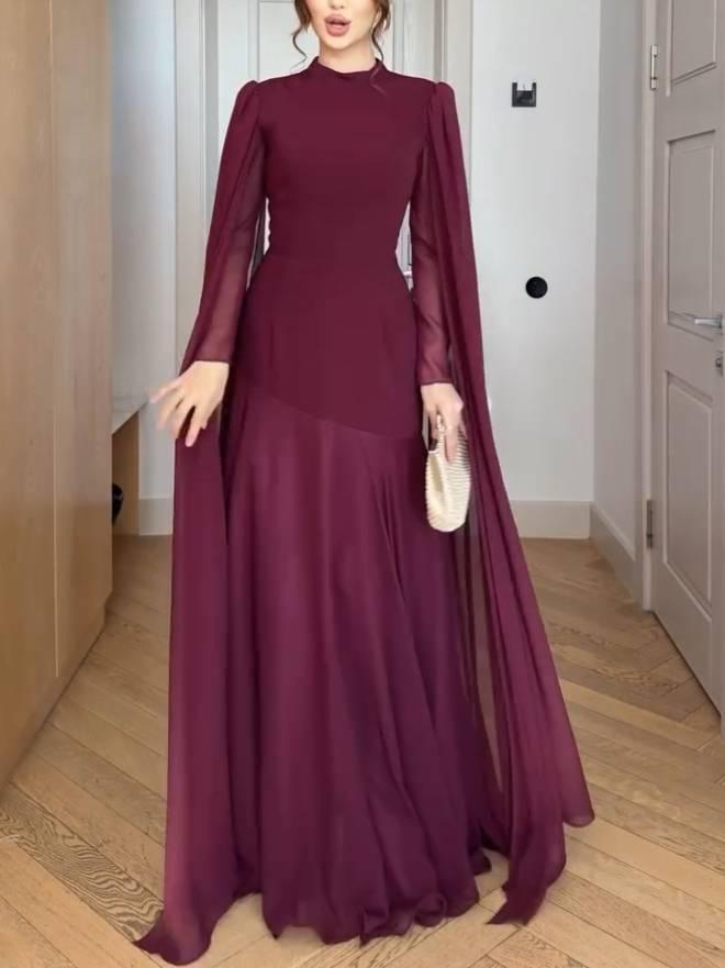 Aurohaya High Waist A- Line Skirt Maxi Dress Wine Red