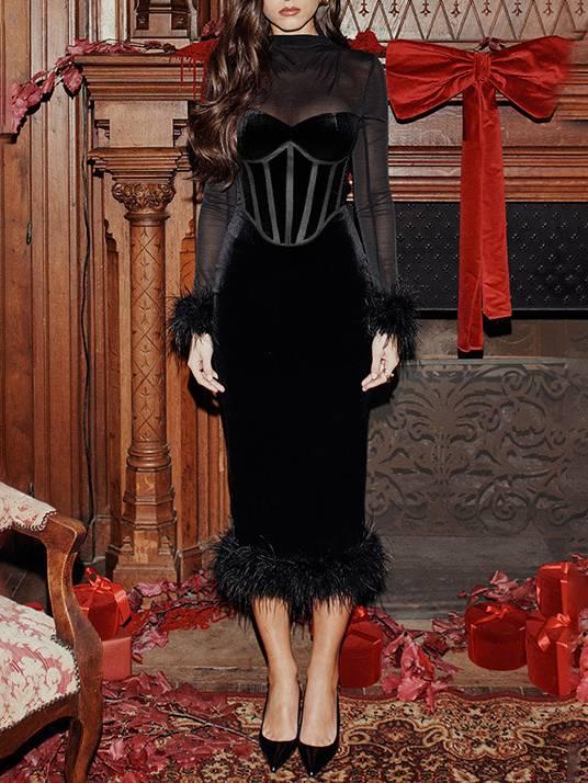 Aurohaya Mesh Patchwork Velvet Corset Dress Black