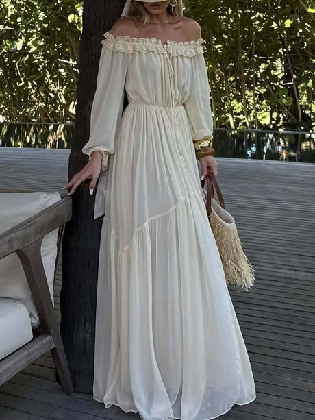 Aurohaya Vacation Style Off-shoulder Lace-up Long Sleeve Maxi Dress Apricot