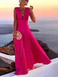 Aurohaya Elegant Novel Romance V Neck Maxi Party Dress Rose Red