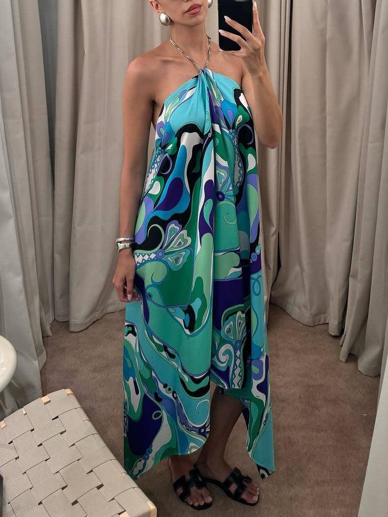 Aurohaya Elegant Halterneck Abstract Floral Print Midi Dress