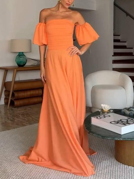 Aurohaya Pleated Tube Top Puff sleeves Maxi Dress Orange
