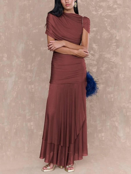 Aurohaya Pleated Design Irregular Hem Maxi Dress Brown
