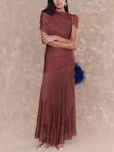 Aurohaya Pleated Design Irregular Hem Maxi Dress Brown