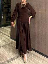 Aurohaya Pleated Long Sleeve Maxi Dress Brown