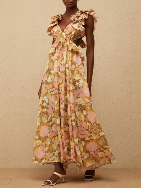 Aurohaya Floral Print Cross Backless Maxi Dress Printed