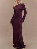 Aurohaya Long-Sleeved Asymmetrical Dropped Shoulder Dress Claret