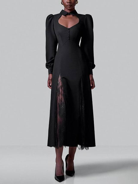 Aurohaya Puff-Sleeve Lace-Splicing Maxi Dress Black