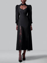 Aurohaya Puff-Sleeve Lace-Splicing Maxi Dress Black